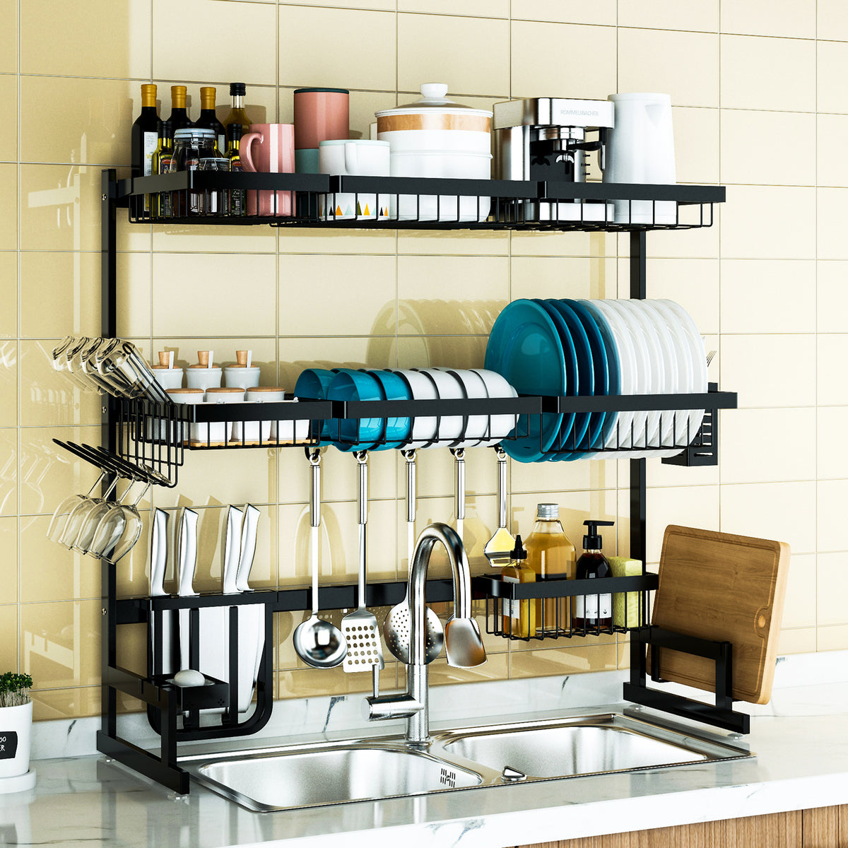 PUSDON Over Sink Dish Drying Rack (34-45) 3 Tier, 2 Cutlery