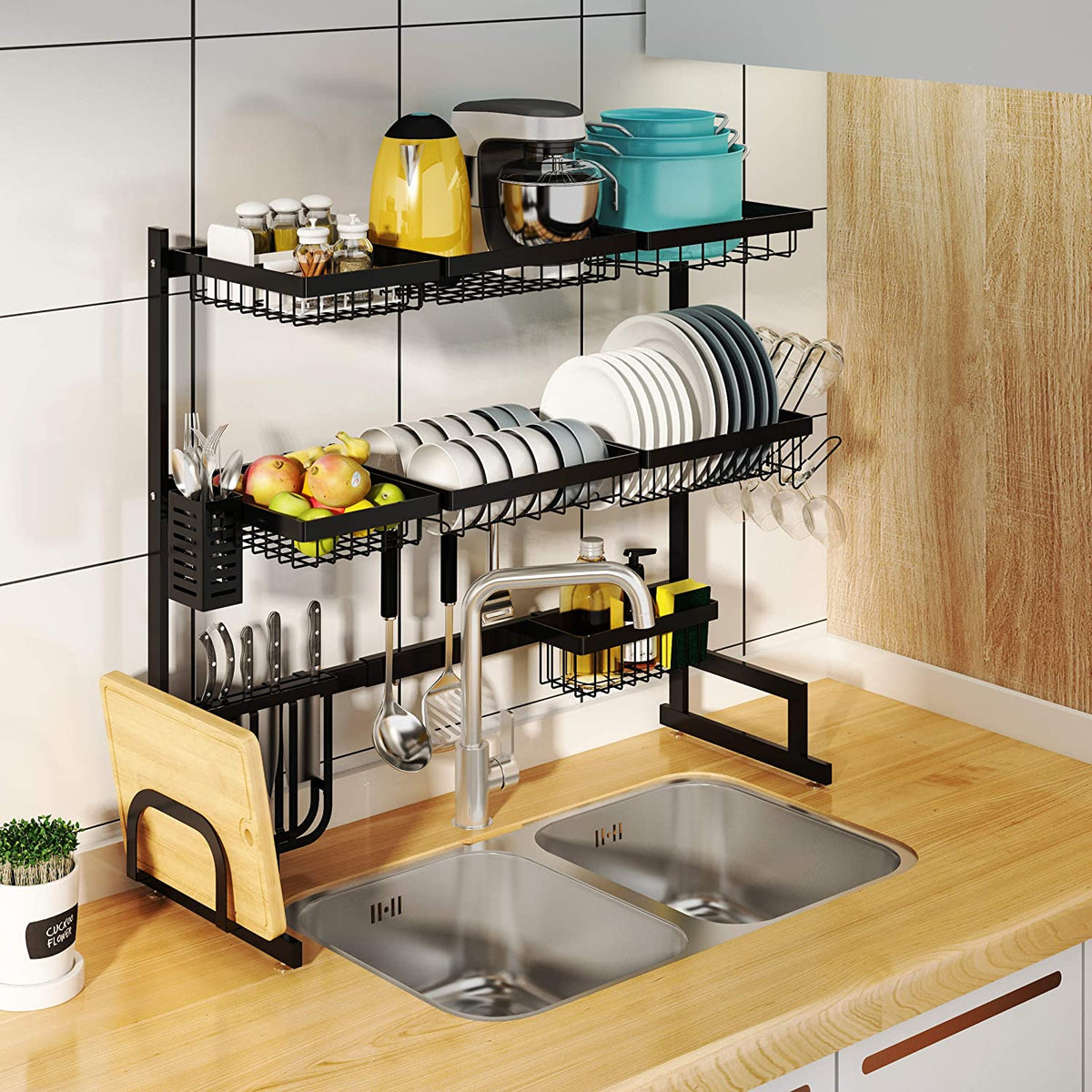 2-Tier Dish Drying Rack, with Side Mounted Utensil Holder and Cup Holder,  Organizing Dishes Kitchen Counter Top or Sink Side, Easy Assemble 