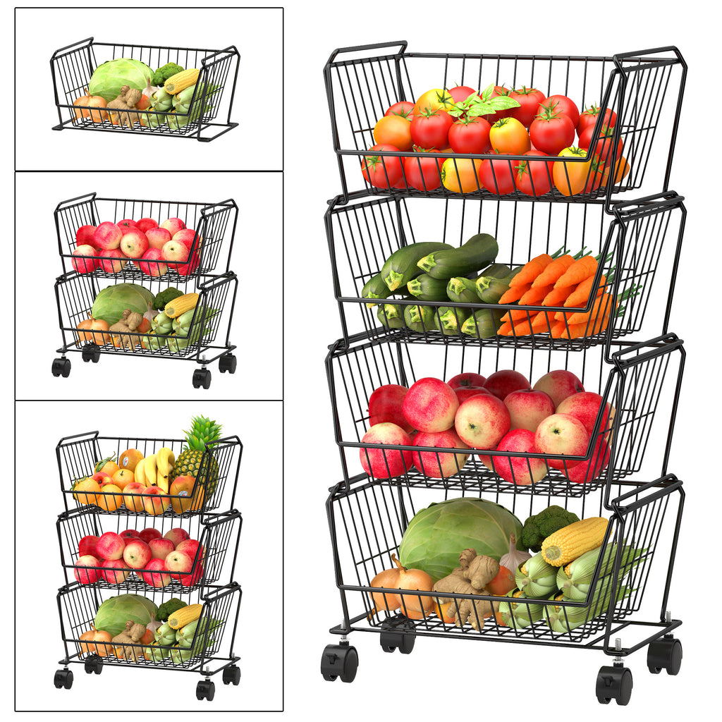 Pusdon Stackable Storage Metal Baskets, 4-Tier Anti-rust Fruit Vegetable Rack with Removable Wheels, Floor Standing & Countertop Dual Use, Kitchen Home Space Save Design Patent Approved Shelf, Black