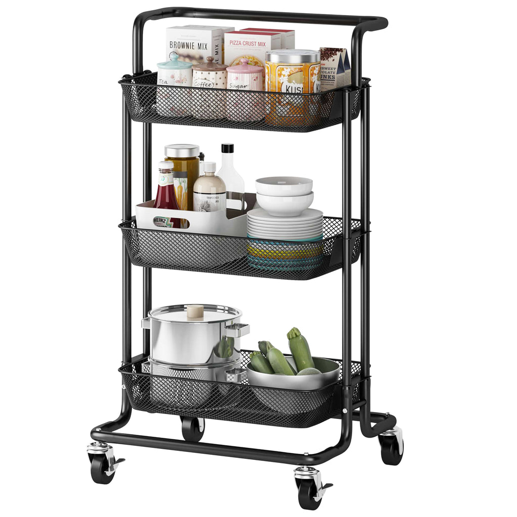 Pusdon 3-Tier Rolling Utility Cart, Metal Mesh Trolley Service Cart with Locking Wheels and Removable Handles, Heavy Duty Organizer Storage Cart for Office Bar Kitchen Bathroom Living Room Use (Black)