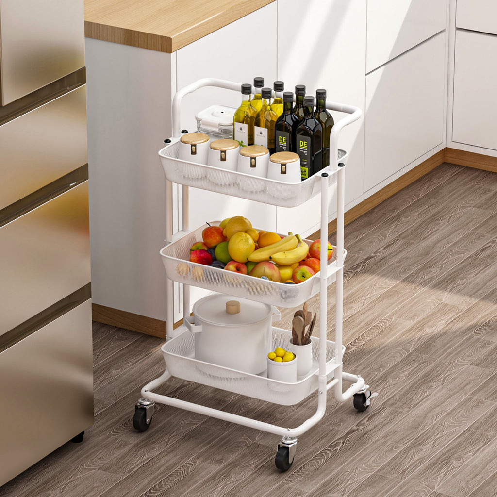 White 3-Tier Rolling Storage Utility Cart, Heavy Duty Craft Cart with Wheels and Handle - Kitchen Cart