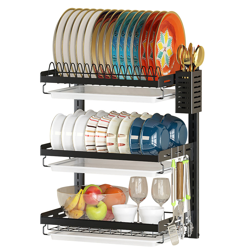 Dish Drying Rack 3-Tier Plastic Dish Drainer Holder Kitchen Storage Shelf  Drying Rack with Drip Tray,Cutting Board Stand